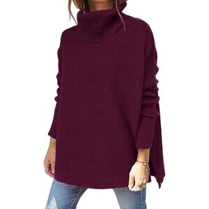 Maroon Turtleneck Sweater Oversized Split Hem Comfy Cozy Pullover Fall Winter S